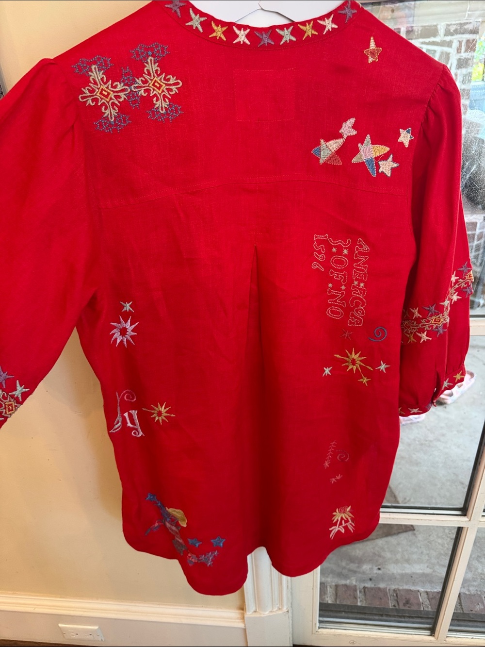 Johnny Was Red Embroidered V-Neck Tunic with Multicolor Motifs -L - Picture 4 of 6